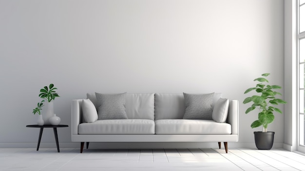 A white couch in a living room with a black table and a lamp.