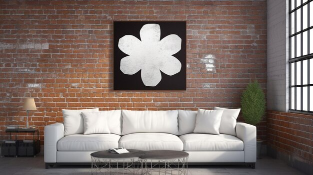 A white couch in a living room with a painting of a flower on the wall.