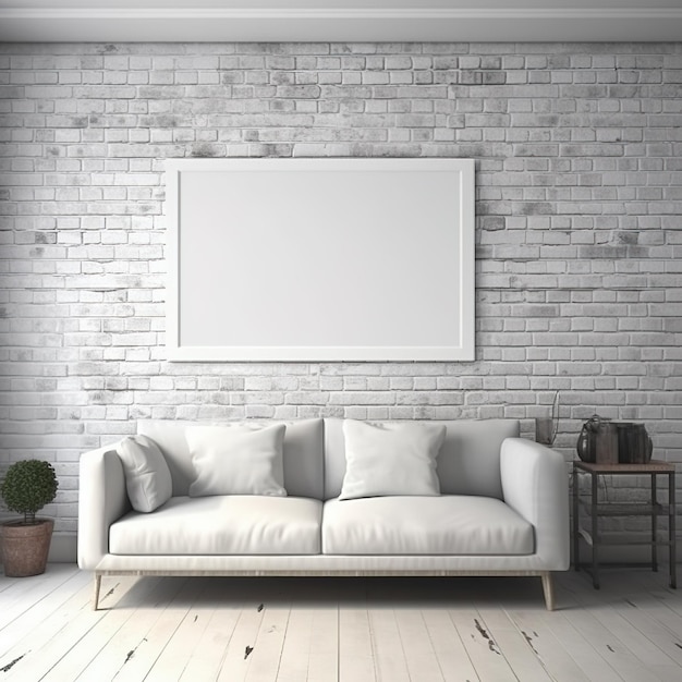 A white couch in a living room with a white frame on the wall.