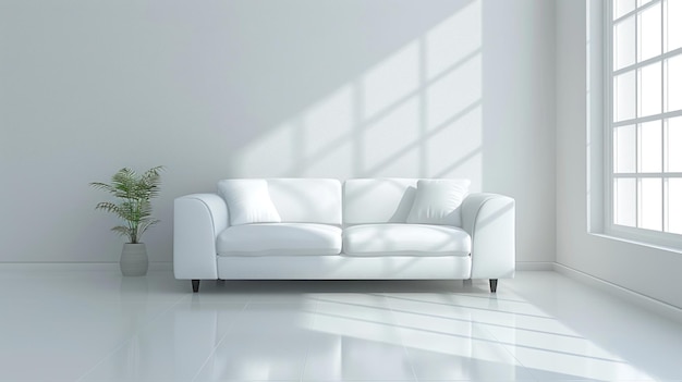 A white couch sits in a minimalist room next to a window allowing natural light to filter through