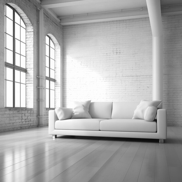 a white couch sits in a room with a window that says " the word " on the wall.