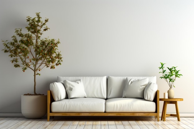 White couch sitting in living room next to potted plant Generative AI