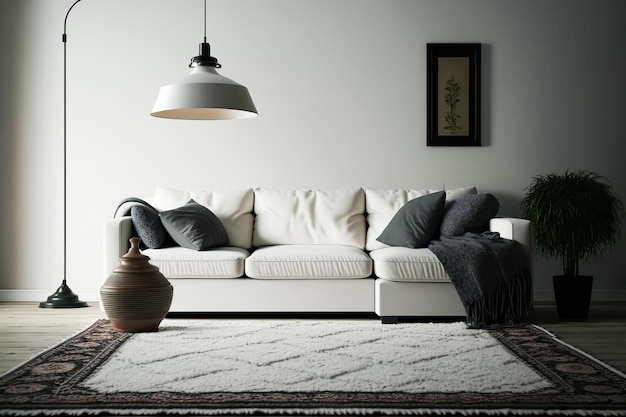 White couch sitting in living room next to white rug and lamp Generative AI