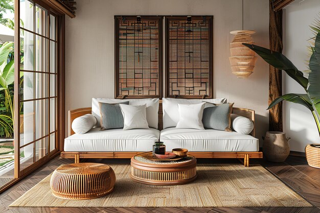 A white couch sitting in a living room next to a window