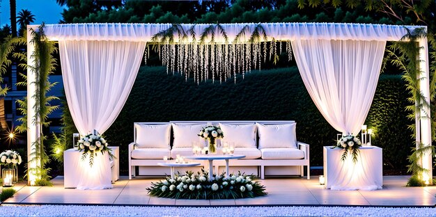 A white couch sitting under a white canopy