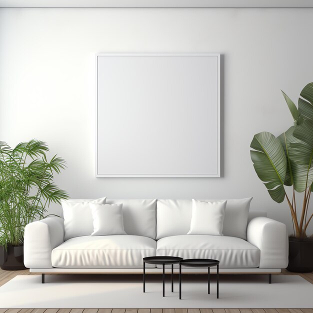 A white couch and two plants in a room