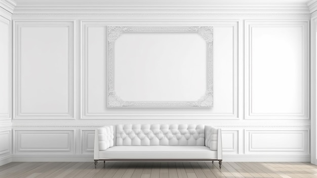 a white couch in a white room with a large picture frame generative ai