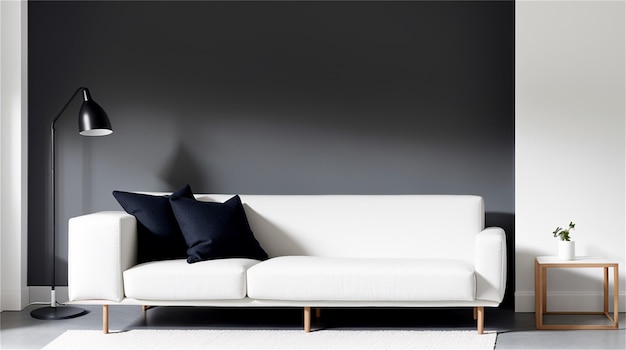 A white couch with black pillows and a black wall behind it.