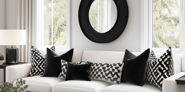 A white couch with black pillows and a round window.