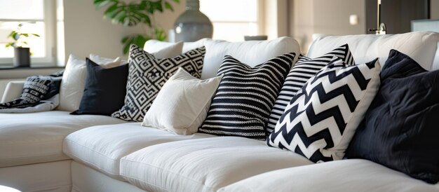 Photo white couch with black and white pillows