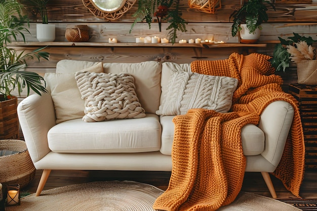 Photo white couch with blanket in living room generative ai