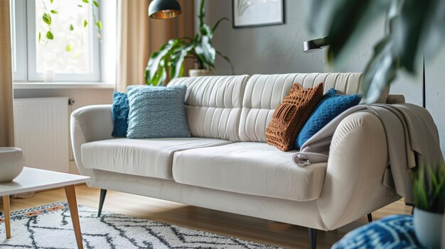 Photo a white couch with blue pillows and a white sofa