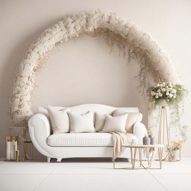 A white couch with flowers on it and a large round