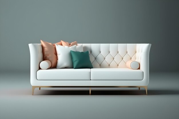 A white couch with a green pillow on it