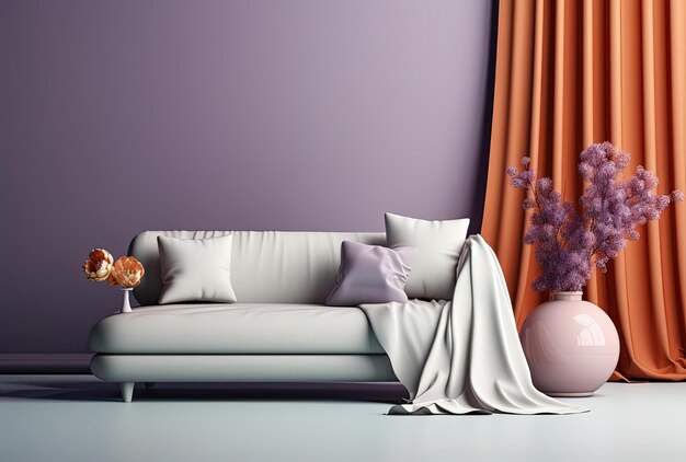 white couch with pillows purple vase