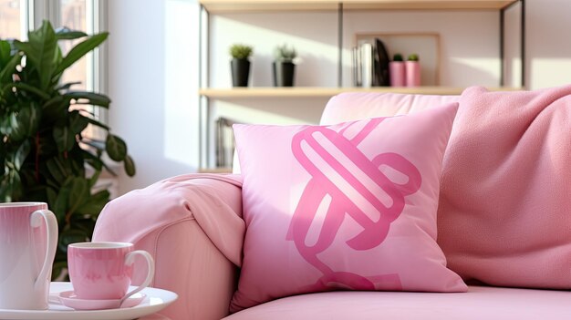 White Couch With Pink Rose Pillow on Top Breast Cancer Day