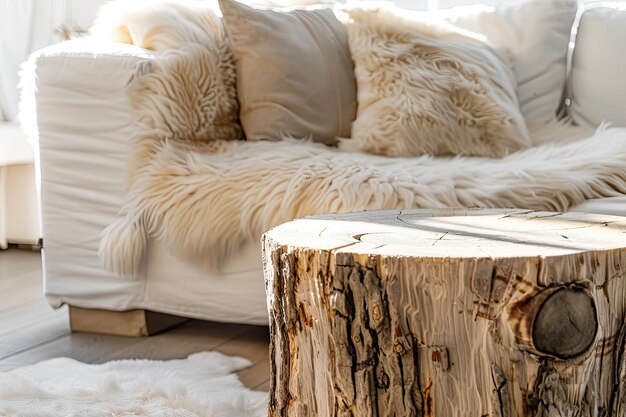 белый диван с кустом дерева и белой подушкой на нем