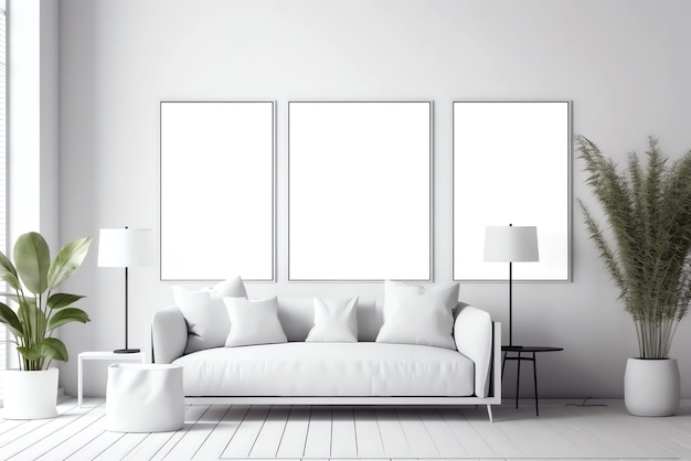 A white couch with a white couch and three pictures on the wall.