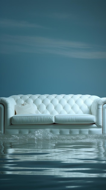 a white couch with a white cover sits in the water.