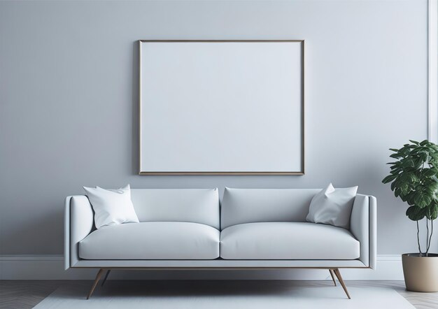 A white couch with a white frame on the wall