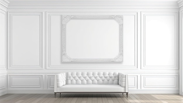 A white couch with a white frame and a white picture on the wall.