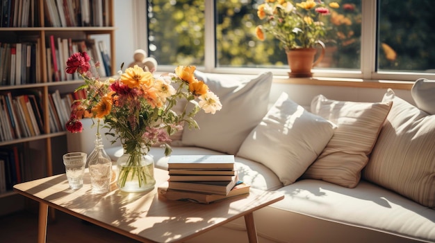 a white couch with a white pillow and a vase of flowers on it