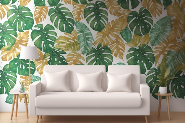 Photo a white couch with a yellow leaf pattern on it