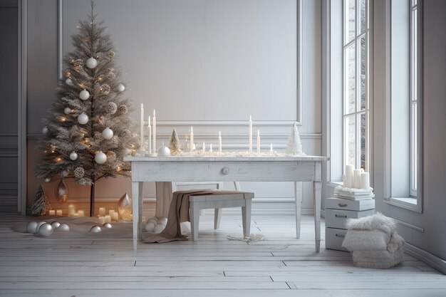 A white counter or table decorated for Christmas
