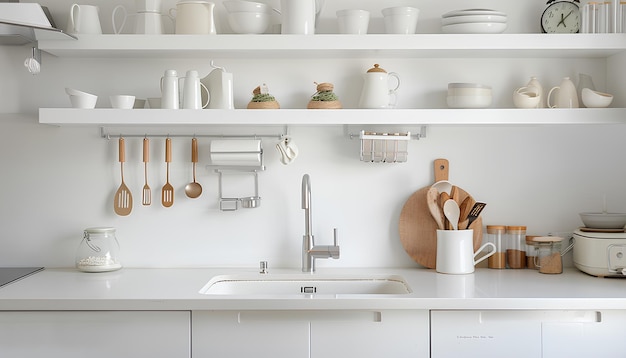 White counters with sink and utensils in interior of modern kitchen