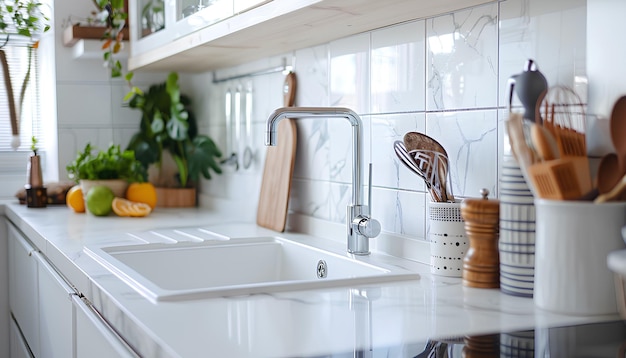 White counters with sink and utensils in interior of modern kitchen