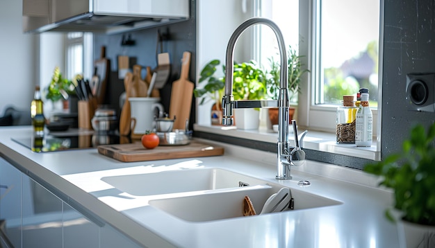 Photo white counters with sink and utensils in interior of modern kitchen