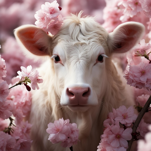 White cow inside pink flowers