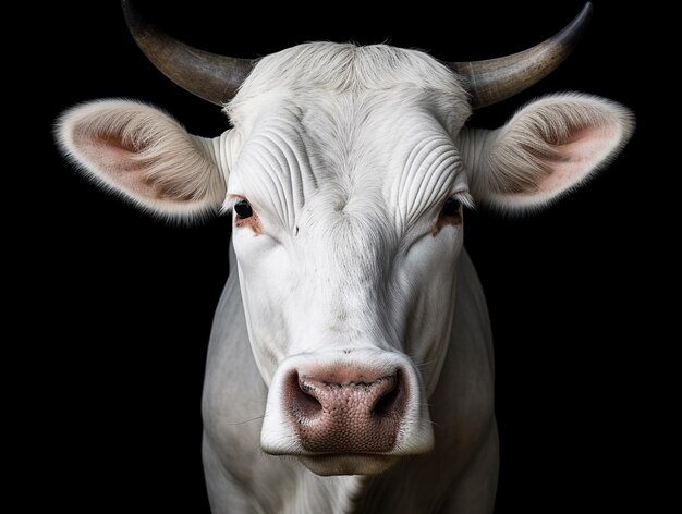 A white cow with horns is standing in front of a black background.