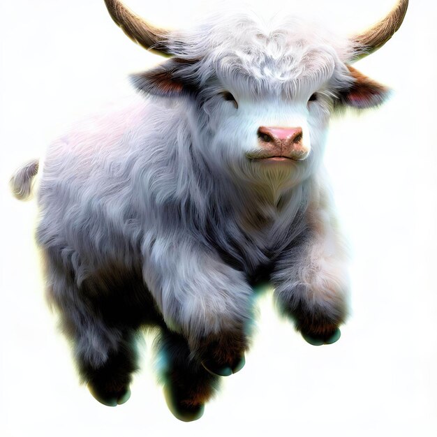 A white cow with horns and a pink nose is flying in the air.