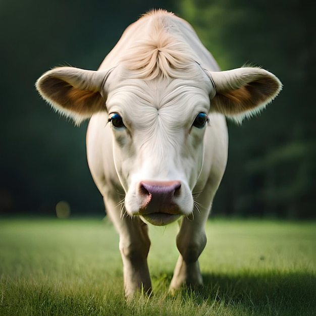 A white cow with a pink nose is standing in a field.