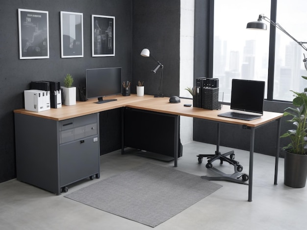 White coworking interior with armchairs and pc computer on desk side view hardwood floor Office co