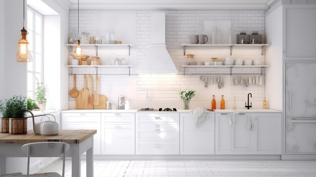 White cozy farmhouse kitchen interior background 3d render Generative Ai