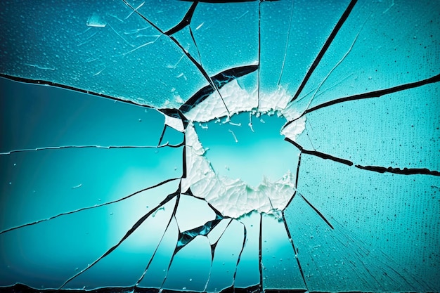 White cracks on blue background of cracked glass wall pane