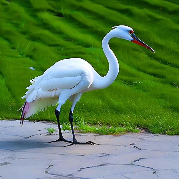 A white Crane bird is standing on the ground eating food