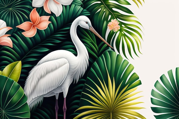 White crane in exotic jungle full of tropical leaves and large flowers