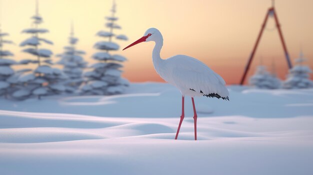 Photo a white crane stands in the snow with the red line generative ai