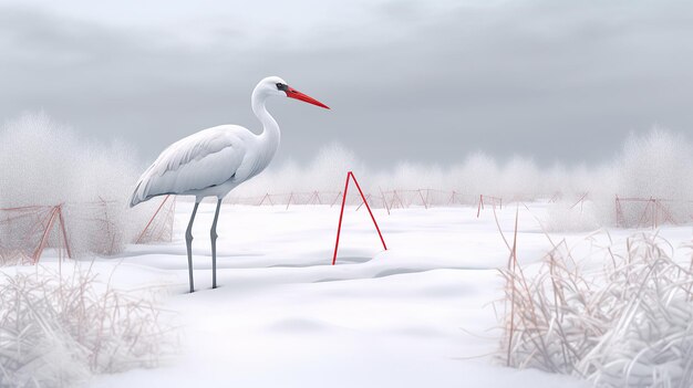A white crane stands in the snow with the red line generative ai