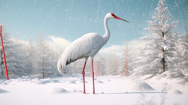 Photo a white crane stands in the snow with the red line generative ai