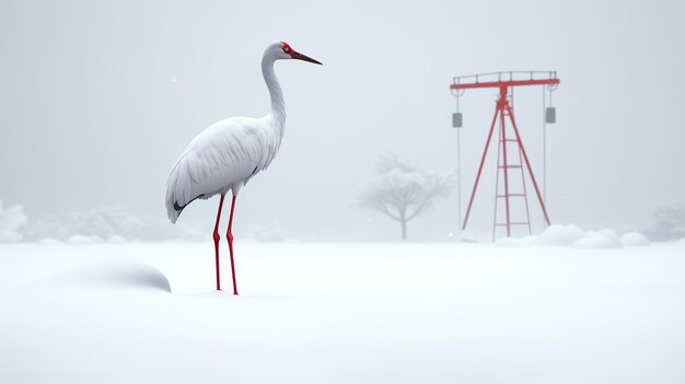 Photo a white crane stands in the snow with the red line generative ai