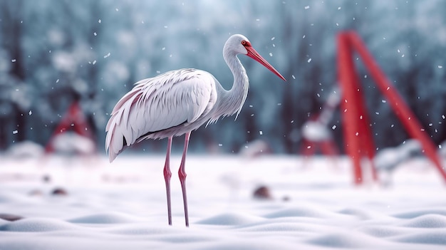 A white crane stands in the snow with the red line generative ai