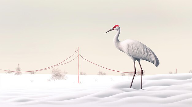 Photo a white crane stands in the snow with the red line generative ai