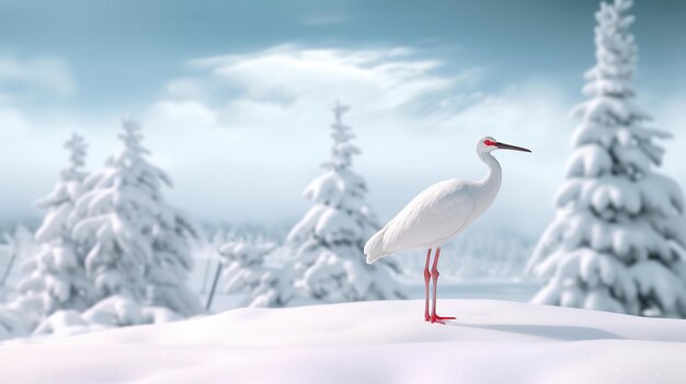 Photo a white crane stands in the snow with the red line generative ai