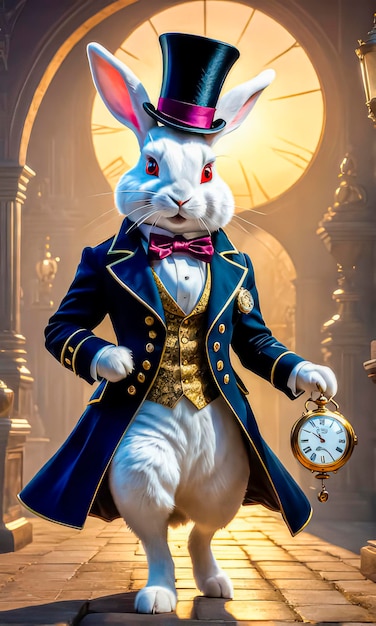 Photo white crazy rabbit with a pocket watch from the fairy tale alice in wonderland