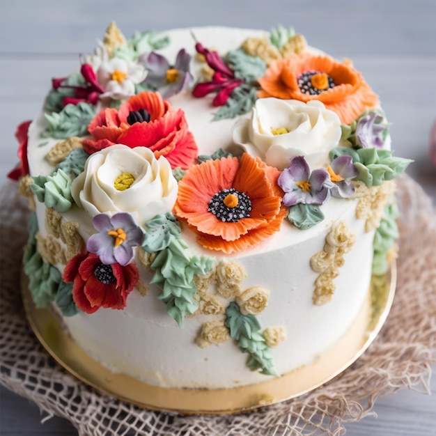 Foto torta di crema bianca decorata con fiori di crema di burro