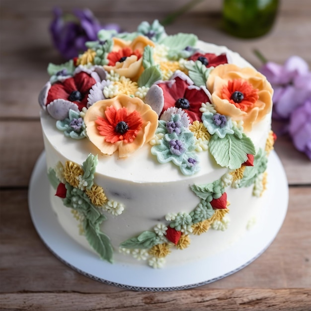 Foto torta di crema bianca decorata con fiori di crema di burro